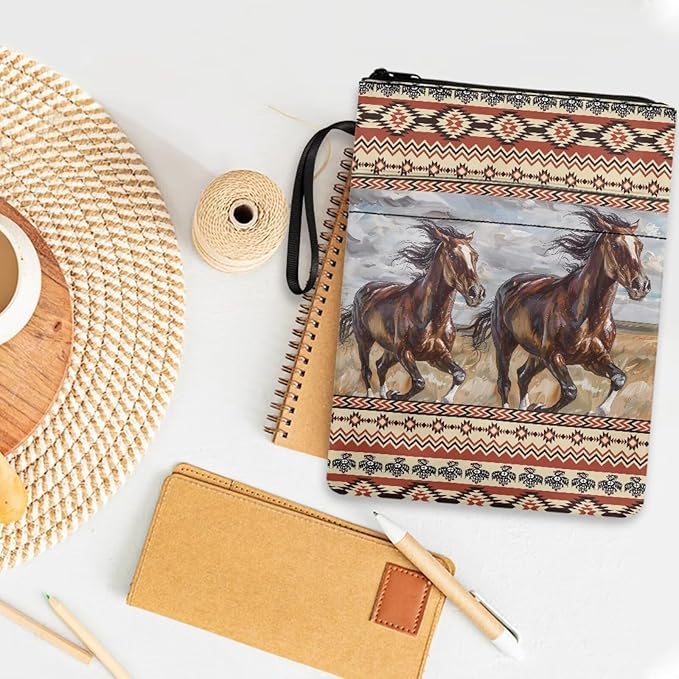 COEQINE Western Horse Book Cover Case Zipper With Pen Holder Pocket Portable Book Organizer Pouch With Pocket For Portable Read Book Dust Cover With Chain