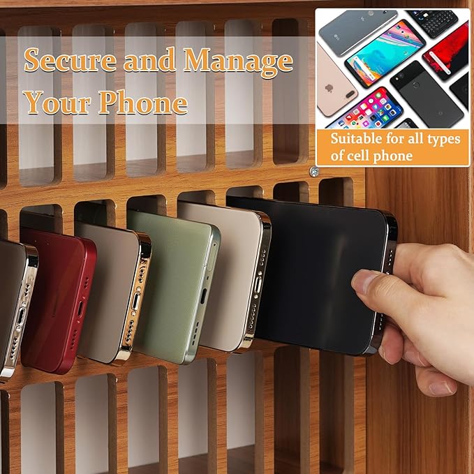 Cell Phone Holder Classroom 36 Slots Wooden Cell Phone Storage Cabinet Pocket Chart with Handle and Security Lock for Classroom Office (36 Grid Cabinet Cherry)