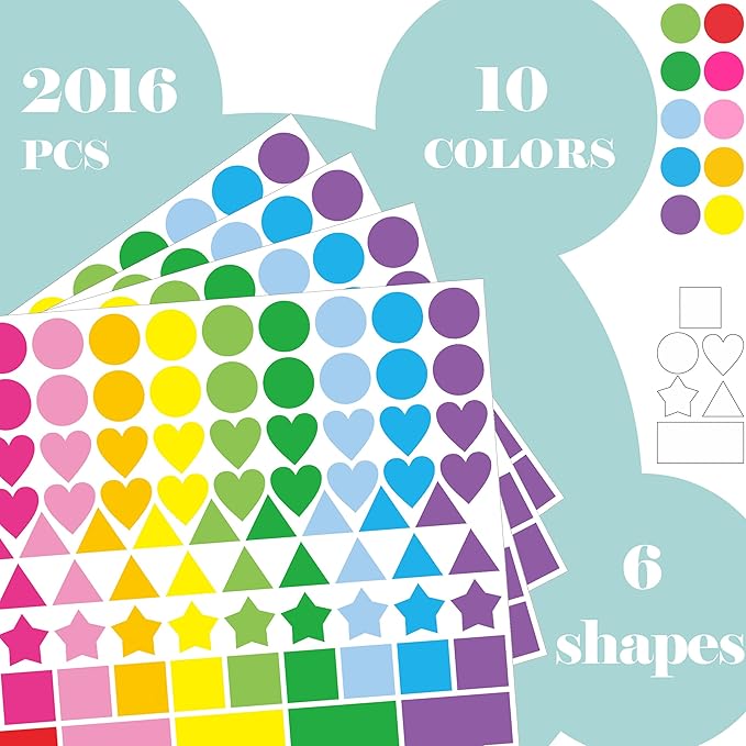 2016 PCS Colored Shape Stickers 10 Colors 6 Shape Dot Stickers Color Coding Labels for Classroom,Office,Etc(Round,Hearts, Stars,Triangle,Square,Rectangle)