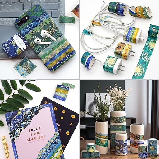 Washi Tape Set, 36 Rolls Van Gogh Vintage Gold Washy Tape, Wide Decorative Tape for Journaling, Scrapbooking Supplies,Vision Board Supplies, 6 Sizes Craft Watercolor Tape