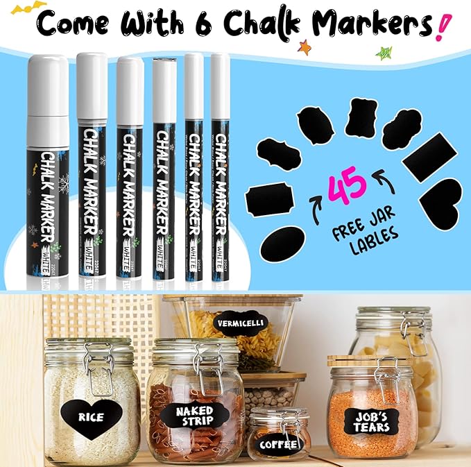 White Window Chalk Markers Pen: 6 Pack White Glass Marker, Liquid Chalk Marker for Chalkboard Signs, Car Window Paint Marker Pen for Bistro, Jars, Erasable, Non-Toxic, 5 Nib Sizes (1, 3, 6, 10, 15mm)