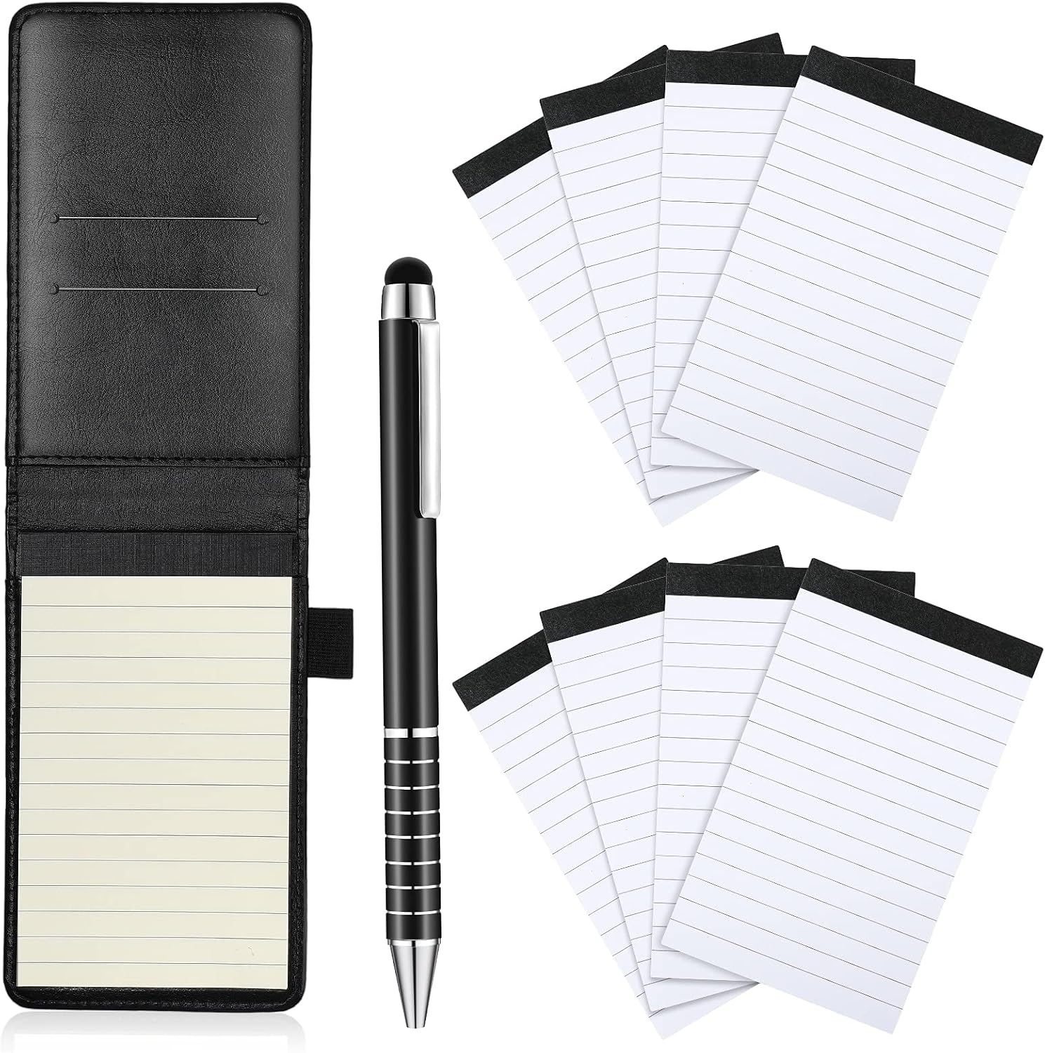 Outus 10 Pcs Pocket Notebook with Pen Set Included Mini Pocket Notepad Holder with 50 Lined Sheets, Metal Pen, 8 Pcs 3 x 5 Inch Memo Book Refills, 30 Lined Paper Per Note Pad (Black)