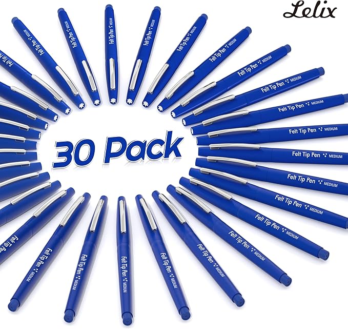 Lelix Felt Tip Pens, 30 Blue Pens, 0.7mm Medium Point Felt Pens, Felt Tip Markers Pens for Journaling, Writing, Note Taking, Planner, Perfect for Art Office and School Supplies