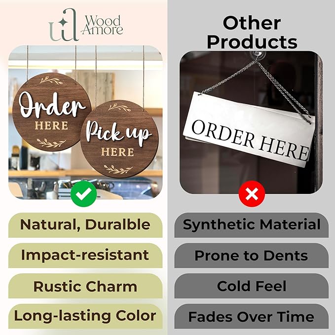 Order Here Pick Up Here Signs - 2 Pack Wood Order Here Sign For Restaurant, Cafes, And Bars
