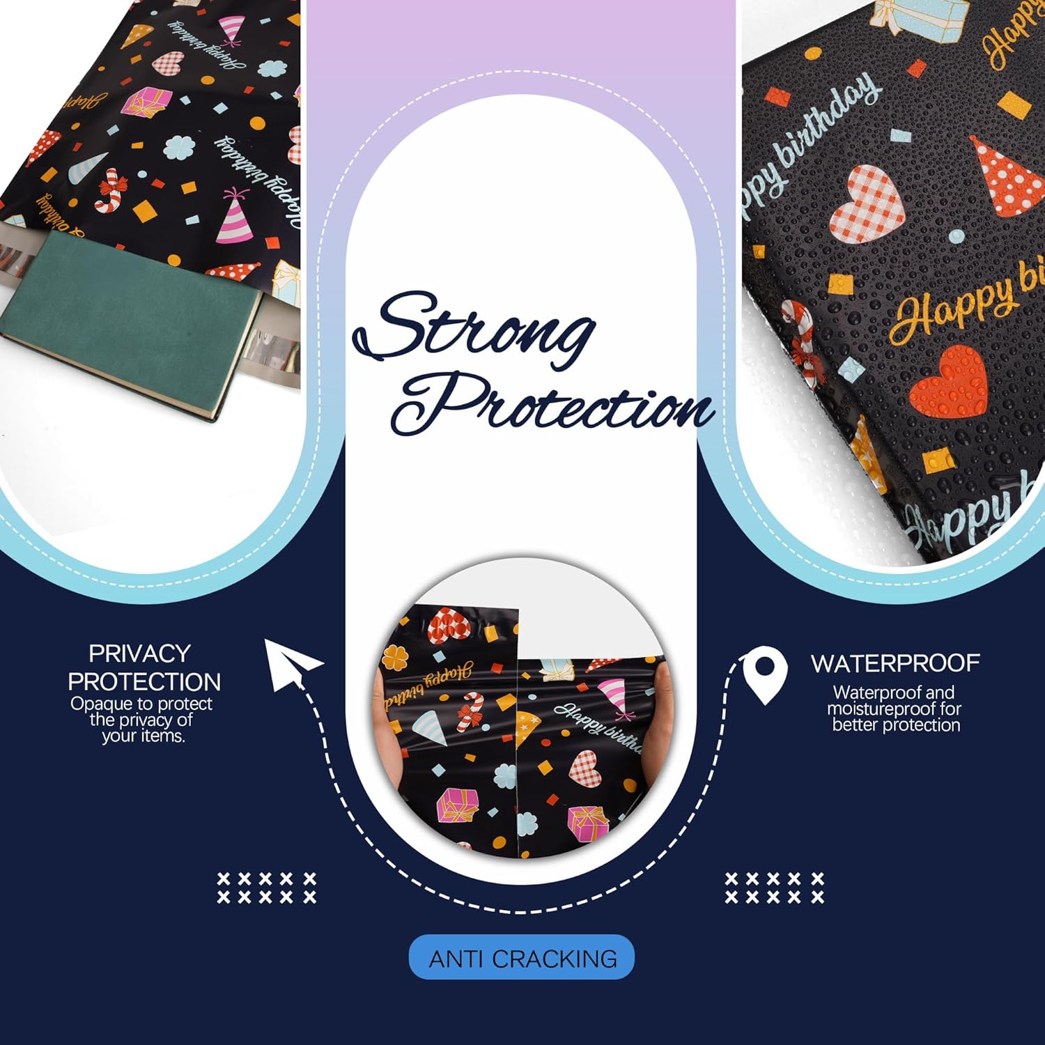 Happy Birthday Poly Mailer 10x13 Inch 100 Pcs, Waterproof Shipping Bags for Clothing, Tear-Resistant Mailier Bags, Strong Mailing Bags with Self-Seal