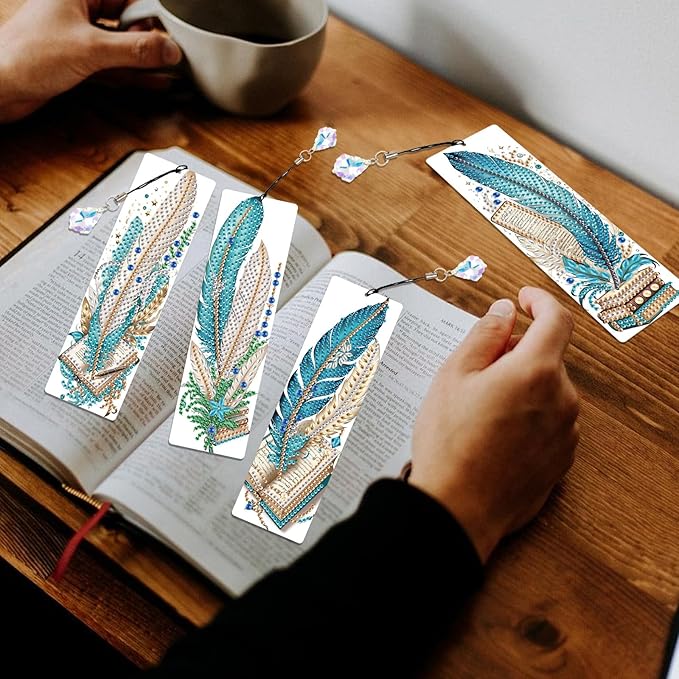4-Piece 5D Diamond Painting Bookmarks Set, DIY Craft Kit with Rhinestones – Creative Artistic Peacock Feather Design, Diamond Art Craft Bookmarks with Tassels for Adults, Perfect for Gifts