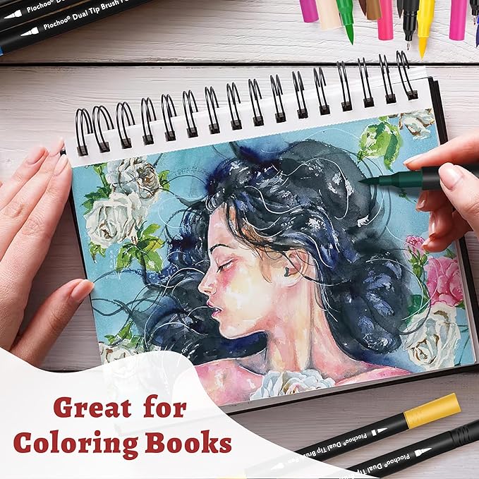 Coloring Markers Pens, 34 Dual Tip Brush Pens, Fine Point Marker set for Kids Adult Coloring Book, Bullet Journaling, Drawing
