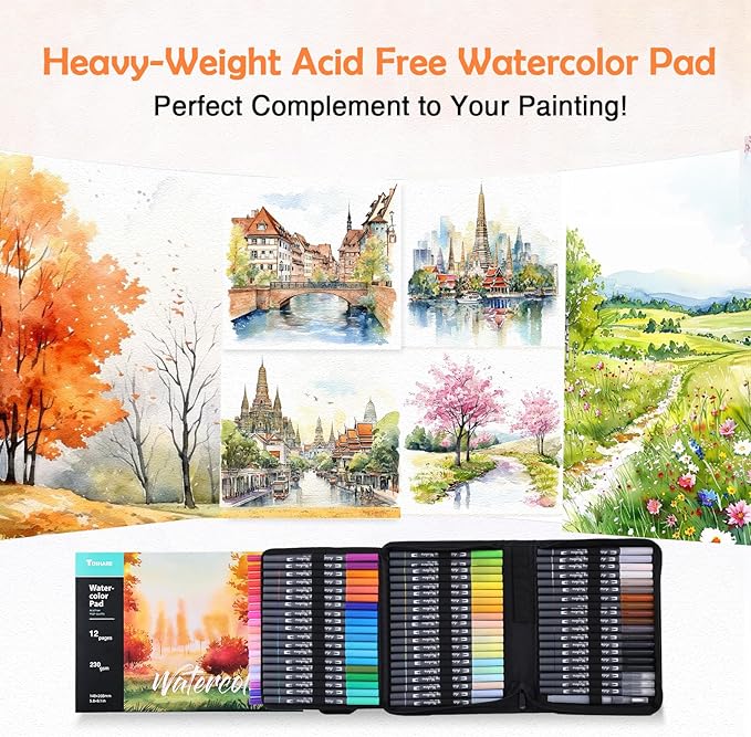 Watercolor Pens Set, 72-Color Dual Tip Paint Markers, Water-Based Coloring Markers with 1 Aquapen, 3 Colorless Blenders, 2 Black Markers, and 12-Page Pad, Art Supplies for Artists and Beginners