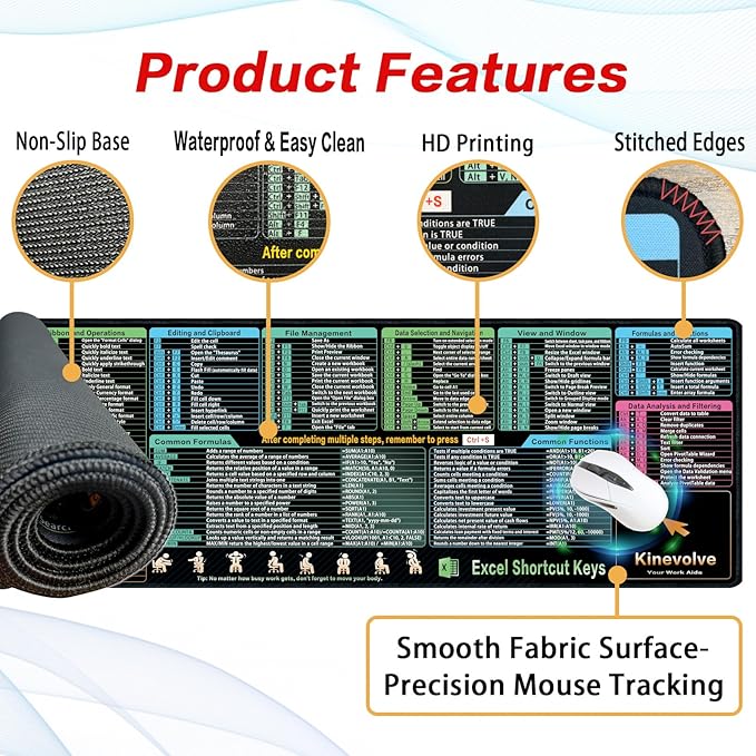 Excel Shortcut Kyes Mouse Pad,Large XL Excel Cheat Sheet Desk Pad,Pc Office&Gaming Keyboard Mat, Non-Slip Spreadsheet Shortcuts Mousepad 31.5" x 11.8"
