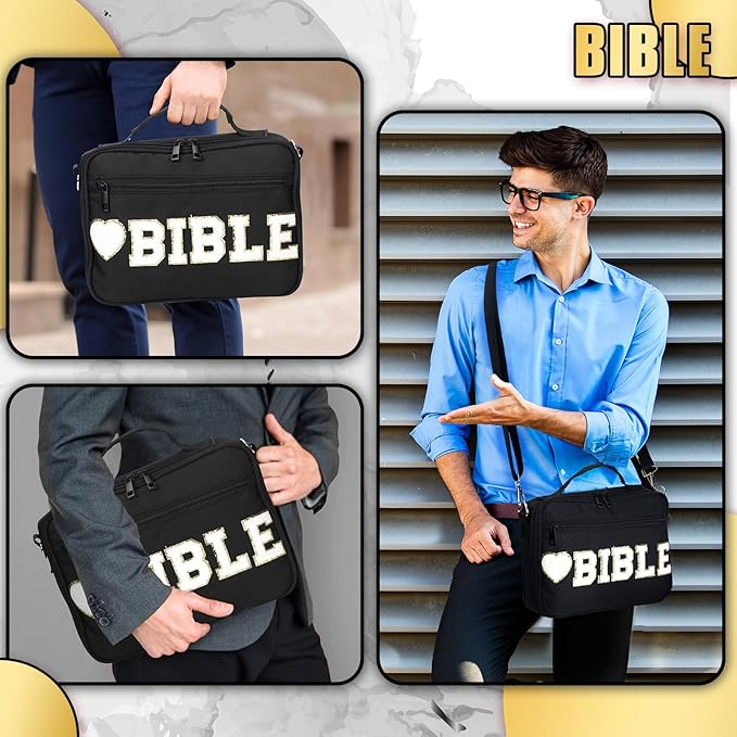 Silkfly Large Chenille Letter Bible Cover for Women Preppy Patch Bible Case Church Bible Bag with Handle(Black)