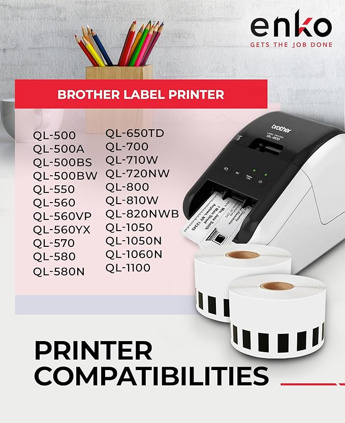 enKo - Compatible DK-2205 Continuous Paper Labels (2.4 Inch x 100 Feet) Use with Brother QL Label Printers QL-800, QL-820NWB QL 810W [6 Rolls + 2 Refillable Cartridge Frames]