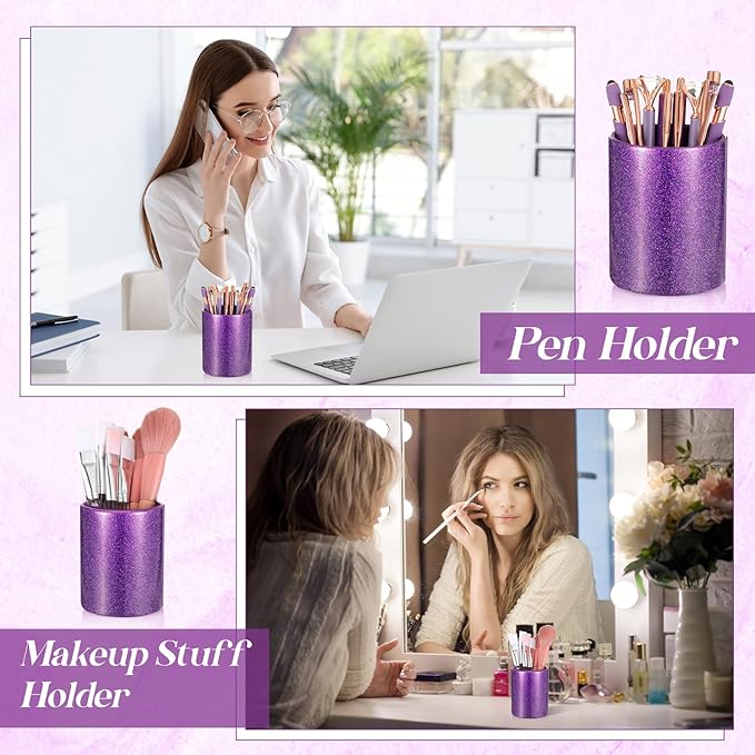 Sabary 8 Pcs Ballpoint Pens with Pen Holder for Desk Metal Crystal Diamond Pen Glitter Pencil Holder Fancy Pens Black Ink Bling Desk Organizer for Women Girls Office School Wedding Gifts (Violet)