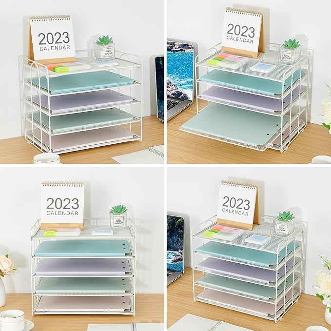 5 Tier Mesh Paper Letter Tray Organizer, Desktop Mail Sorter Office Supplies Organizer for Desk, Desk Organizers and Accessories (White)