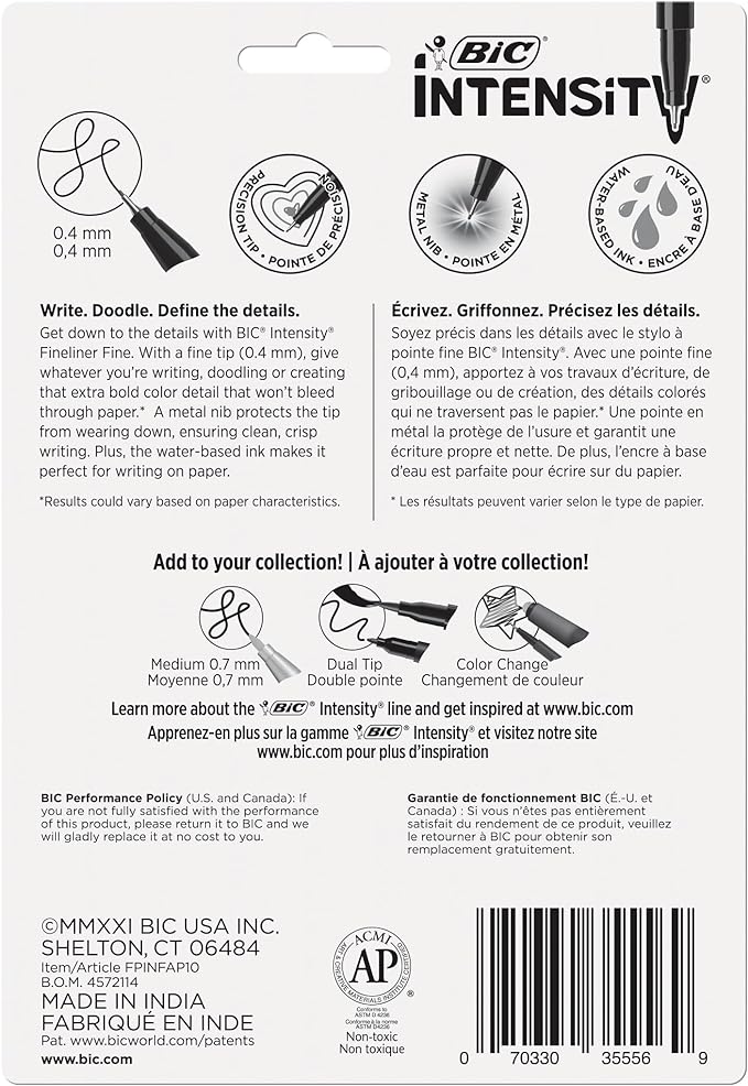 BIC Intensity Fineliner Marker Pens, Fine Point (0.4 mm), Assorted Colors (Colors May Vary), 10-Count