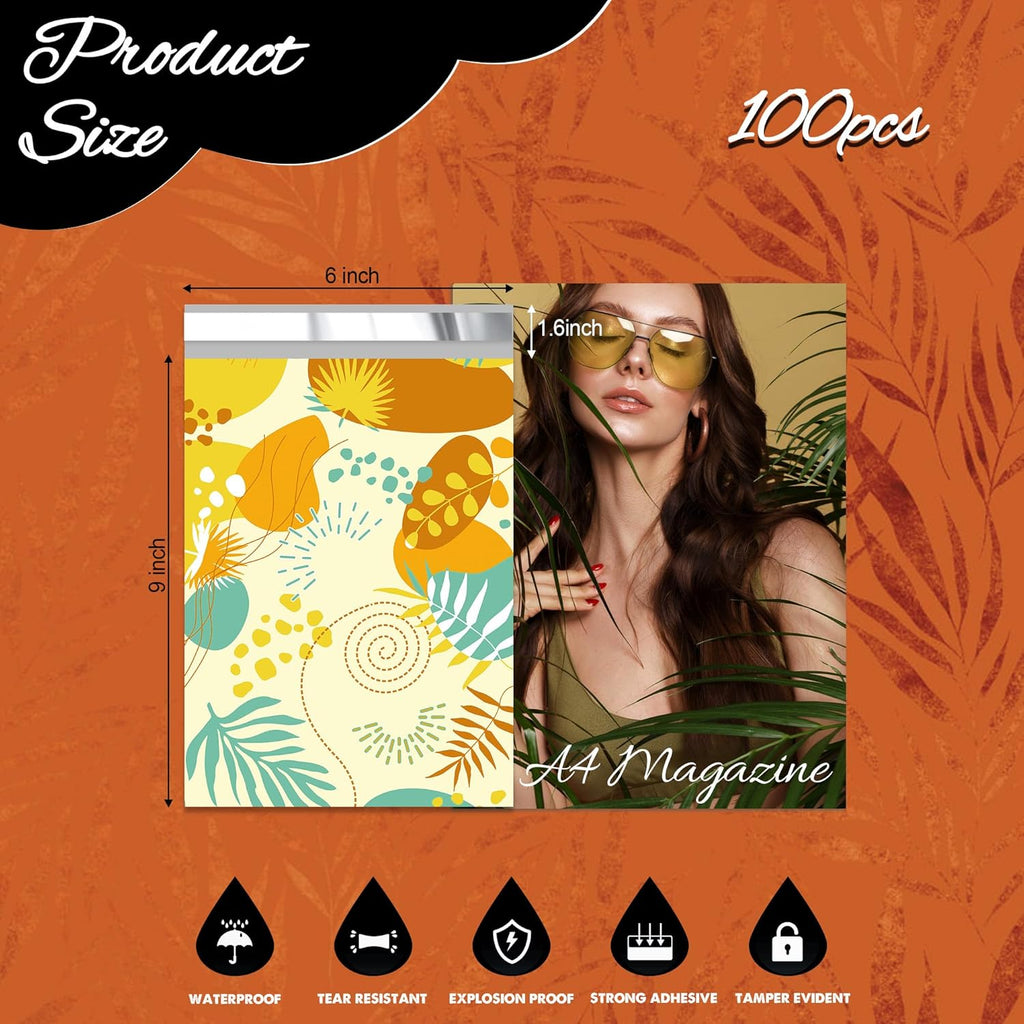 Colorful Leaves Poly Mailer 6x9 Inch 100 Pcs, Waterproof Shipping Bags for Clothing, Tear-Resistant Mailier Bags, Strong Mailing Bags with Self-Seal