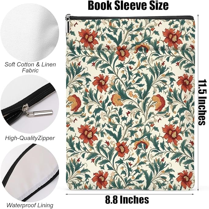 Botanical Book Sleeve, Classic Flower Book Covers for Paperbacks, Floral Book Pouch Book Protector, Book Lovers Gifts for Women Girls Wife, Book Accessories Book Club Gifts Christmas Birthday Gifts