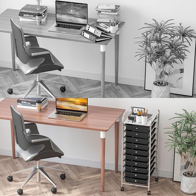 Storage Cart, Rolling Utility Cart with 10 Drawers, Portable Handles & Lockable Wheels, Mobile Paper Toys Storage Organizer Large Capacity for Home Office School Teacher (Black)