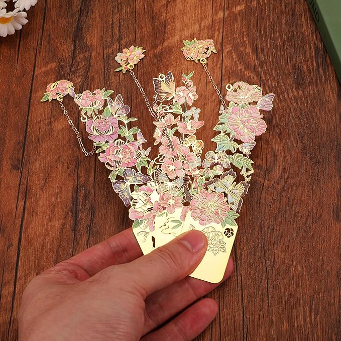 3 PCS Metal Bookmarks, Bookmarks for Reading Women, Pretty Bookmarks for Women, Beautiful Metal Bookmark, Beautiful Flower Bookmark, Peach Blossom, Cottonrose Hibiscus, Peony (BKM-050-001)