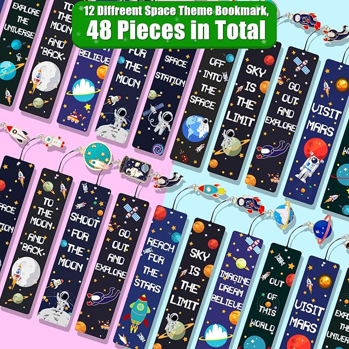 Christmas Space Theme Bookmarks with Metal Charms Planet Rocket Space Ship Theme Bookmarks Inspirational Quotes Bookmarks for Space Christmas Party Favors Gifts Kids Boys Girls Encourage(48 Pieces)