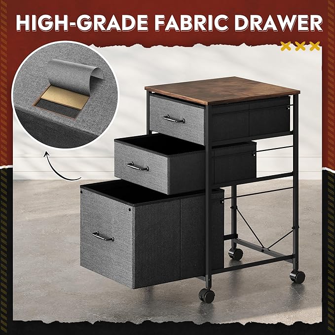 DEVAISE Mobile File Cabinet, Rolling Printer Stand with 3 Drawers, Fabric Vertical Filing Cabinet fits A4 or Letter Size for Home Office, Rustic Brown