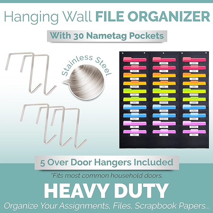 Hippo Creation Heavy Duty Storage Pocket Chart for Classroom, 30 Pocket Storage Organizer with 5 Over-Door Hangers, Hanging Wall Organizer for File Folders, School Mailbox, Home Office Papers - Black
