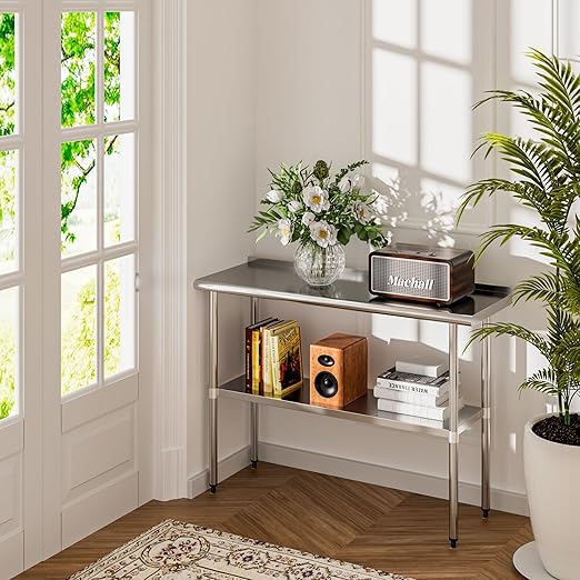 Stainless Steel Table 18 x 48 Inches Metal Prep Table with Backsplash & Adjustable Undershelf for Commercial Kitchen, Outdoor, Restaurant, Hotel & Garage