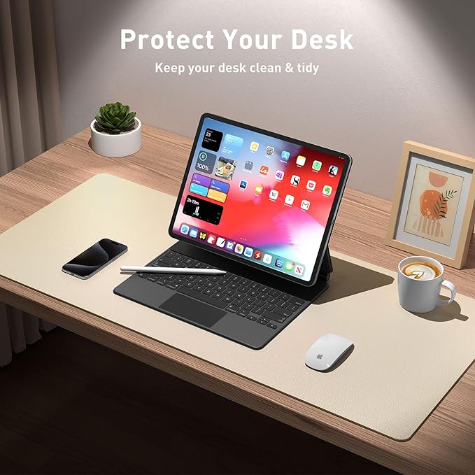 Aothia Leather Desk Pad Protector, Office Mat, Large Mouse Pad, Non-Slip PU Leather Blotter, Laptop Desk Pad, Waterproof Writing Pad for Office and Home (Beige, 31.5" x 15.7")