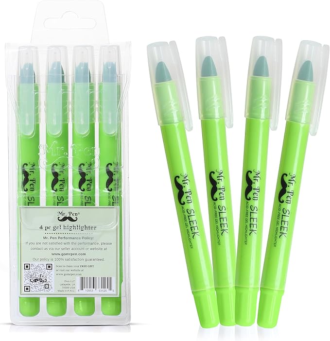 Mr. Pen No Bleed Gel Highlighter, Bible Highlighters, Green, Pack of 4