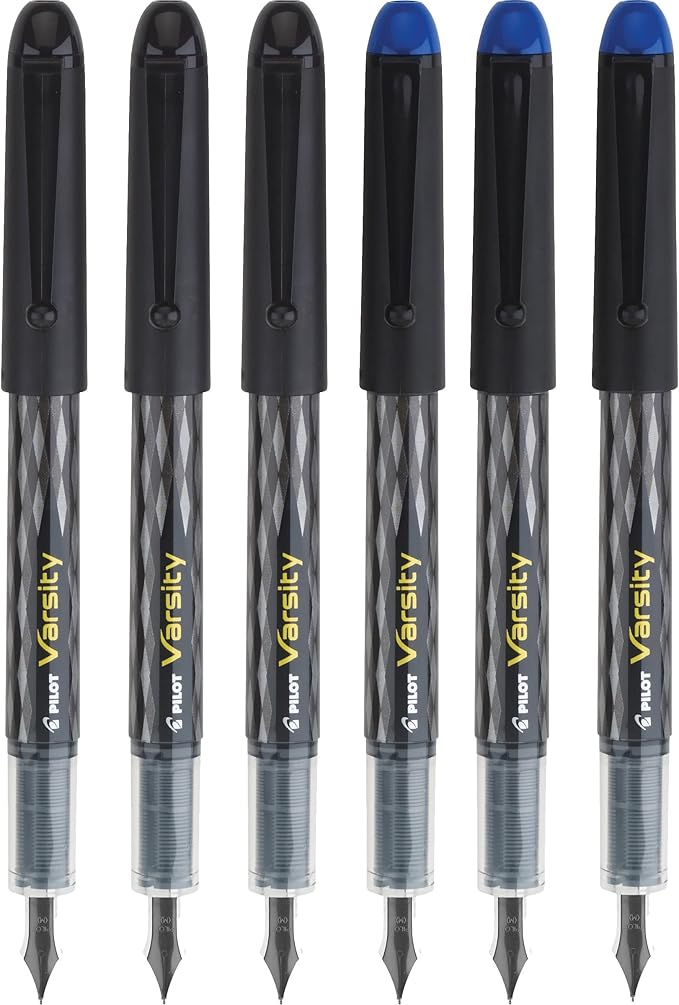 Pilot Varsity Disposable Fountain 6 Pack Combo, 3 Black and 3 Blue Pens