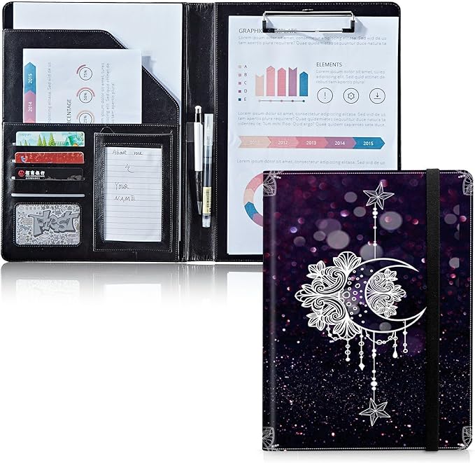 Padfolio Folder with Clipboard,Portfolios Organizer Clipboards with Storage Clipboard Writing Pad PU Leather Conference Document Organizer with Business Card Holder,Moonflower