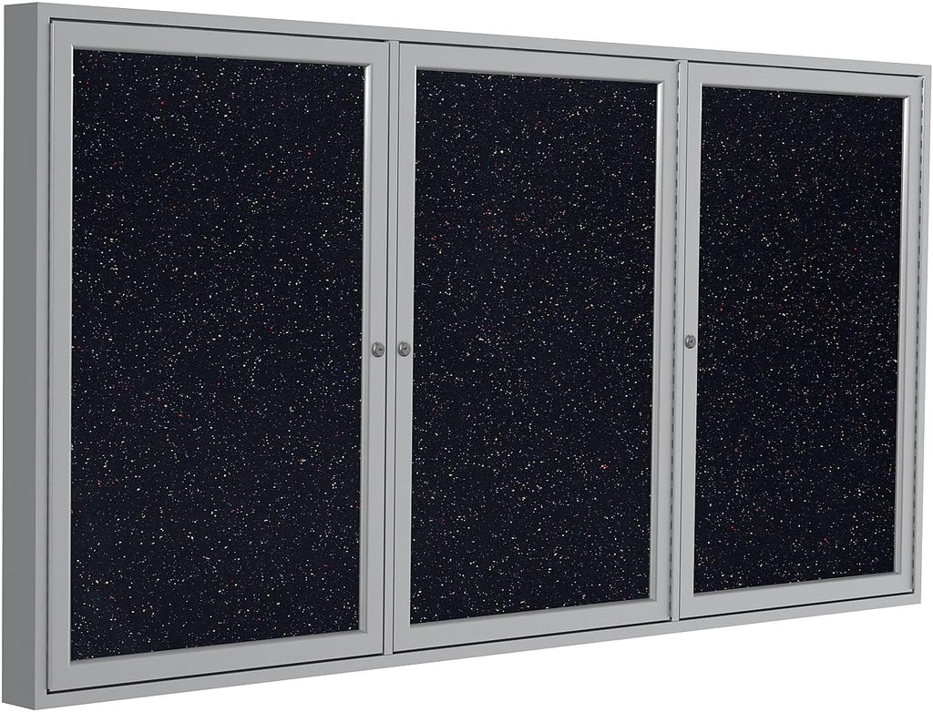 Ghent 36"x72" 3-Door indoor Enclosed Recycled Rubber Bulletin Board, Shatter Resistant, with Lock, Satin Aluminum Frame, Confetti (PA33672TR-CF) ,Made in the USA