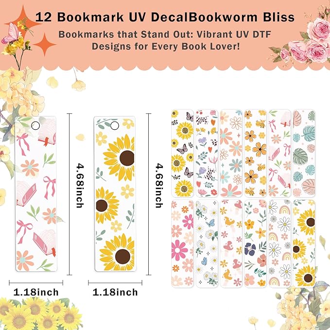 AFRITEE UV DTF Bookmark Stickers - 24 Pcs Flowers Theme Sunflower Uvdtf Decals Stickers for Acrylic Blank Bookmark, Butterfly Rub on Transfer Wraps for Book Lover DIY Blank Bookmarks(Only Stickers)