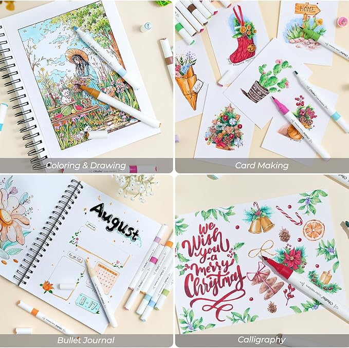 Ohuhu Markers for Adult Coloring Books No bleeding 64 Colors Water-based Coloring Markers Dual Tips Chisel & Brush Drawing Pens Art Markers for Kids Adults Beginners Lettering Journaling