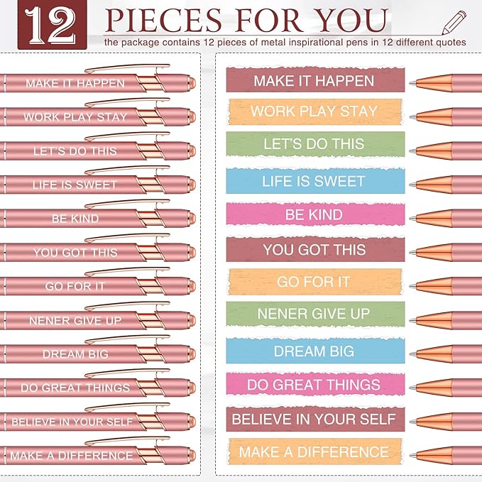 Zonon 12 Pieces Inspirational Pens Bulk Easter Basket Stuffers Motivational Quotes Ballpoint Pens with Stylus Tip Inspirational Gifts for School Office Teachers(Rose Gold,Motivational Style)