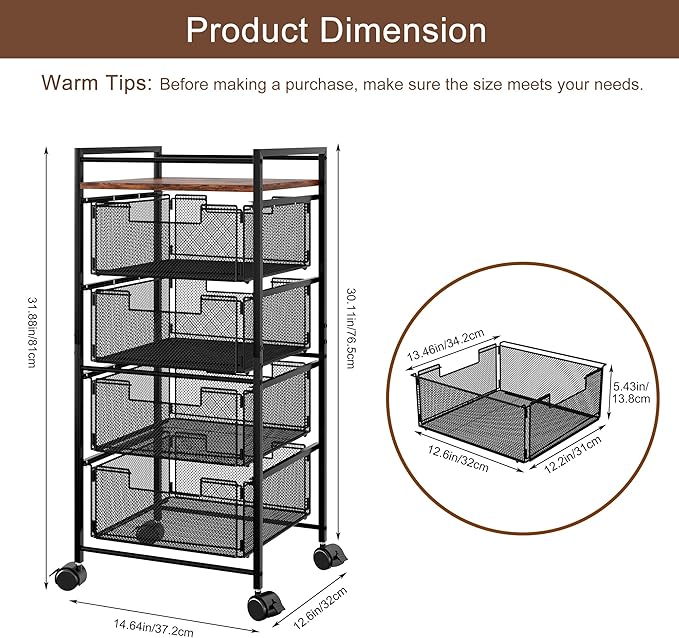 EasyPAG Rolling File Cabinet 4 Drawers Metal File Organizer Storage Cart Mobile File Cart with Removable Drawers with 4 Swivel Casters Rolling Wheels Cart, Black