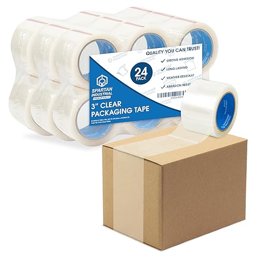 Spartan Industrial - 3" X 60 yd Clear Packing Tape Rolls - 24 of Wide Heavy Duty Tape for Packing, Moving, Shipping, and More - 2.7 Mil