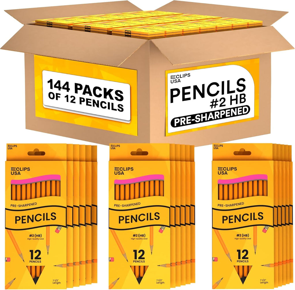 E-CLIPS USA Pencils Bulk, Pencil #2, Number 2 pencil, Pre-Sharpened Pencil Bulk, School Supplies bulk, Office Supplies, Box May Vary, 12 Pencils (144 Box Case)