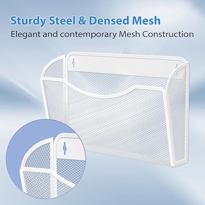 Mesh Hanging Wall File Holders, 3Pack Single Pocket Vertical Mounted File Holder, Wall Basket Mail Organizer for Office, Home and School (White)