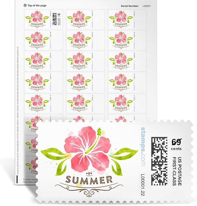 Summer Flower NetStamps 120-Pack (5 Sheets) Printable Postage Labels (Stamps.com Subscription Required) - Print Approved Postage - Inkjet & Laser Printers - Business, Personal, Home