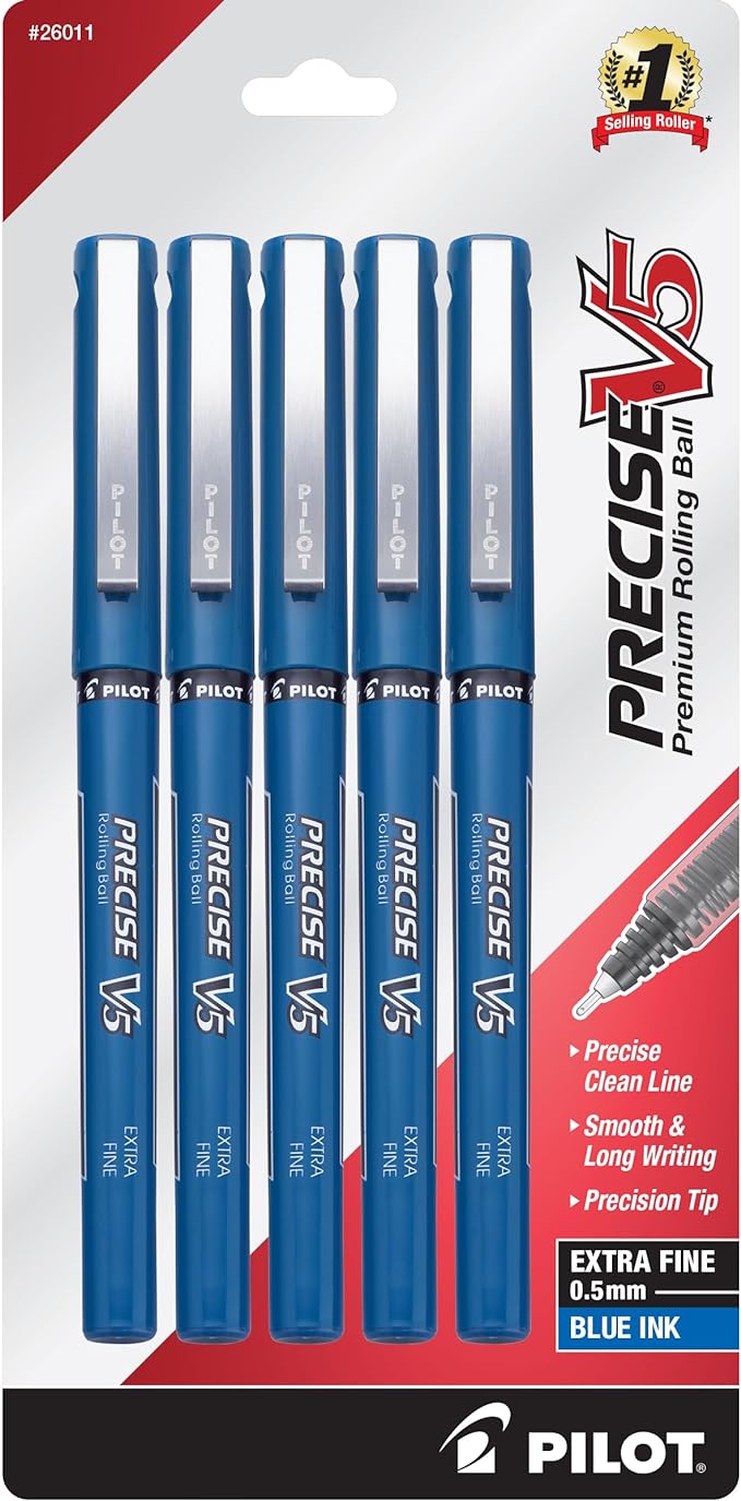 Pilot, Precise V5, Capped Liquid Ink Rolling Ball Pens, Extra Fine Point 0.5 mm, Blue, Pack of 5