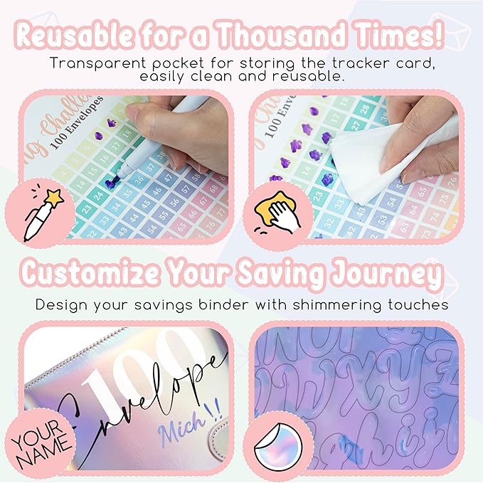 Axolotl 100 Envelopes Money Saving Challenge Binder, A5 Savings Budget Challenges Binders with Cash Envelopes, 100 Days Envelope Saving Binder Book, Budget Planner (Laser Silver)