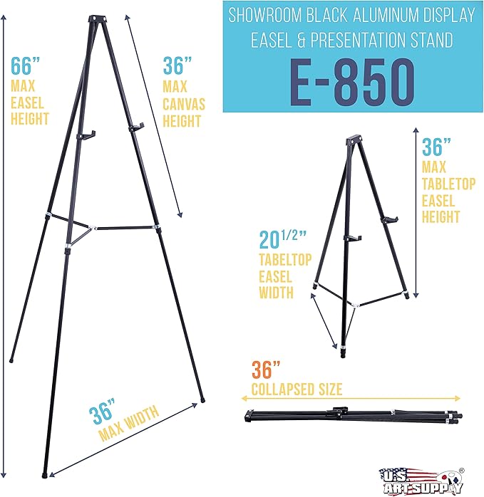 U.S. Art Supply 66" High Showroom Black Aluminum Display Easel and Presentation Stand - Large Adjustable Height Portable Tripod, Holds 25 lbs - Floor and Tabletop, Display Paintings, Signs, Posters