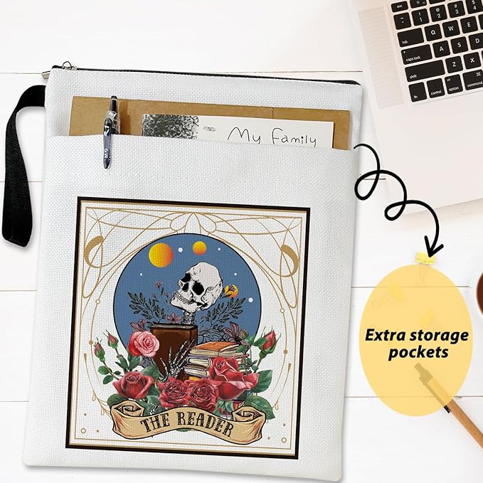 Gothic Skeleton Book Sleeve, Book Lovers Gifts Book Pouch Book Sleeve with Zipper and Front Pocket Reader Gifts Birthday Gifts for Adult Teen Teacher -03