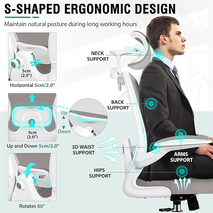 Office Chair, Ergonomic Office Chair with 3D Lumbar Support 3D Headrest, Comfy High Back Home Desk Chairs, Breathable Mesh Computer Chairs with Flip-Up Armrests & Hanger(Gray)