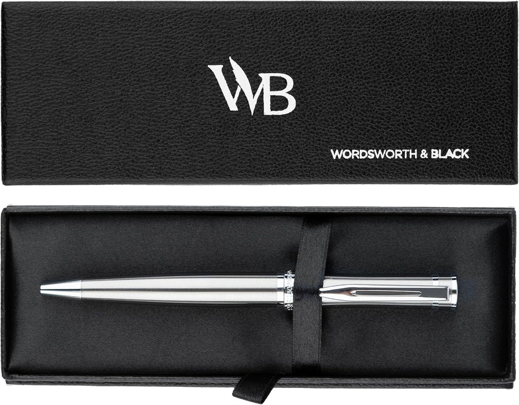 Wordsworth and Black Ballpoint Pen Silver Lacquer- Stunning Luxury Pen Chrome Finish, Ink Refill, Best Gift Set for Men & Women, Refillable, Elegant, Nice Pens, Fine Point