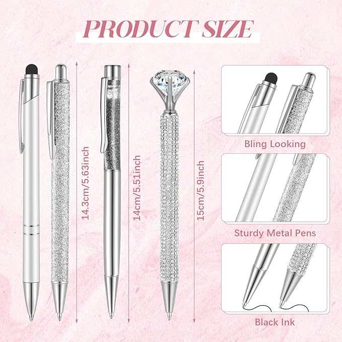 Sabary 8 Pcs Ballpoint Pens with Pen Holder for Desk Glitter Crystal Diamond Fancy Pencil Holder Bling Desk Organizer Cute Stationery Supplies for Women Girls Wedding Office School Gifts(Silver)