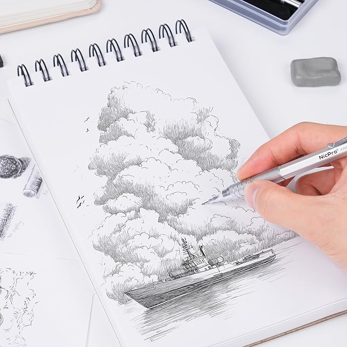 Nicpro Metal Mechanical Pencil Set, 5 PCS Art Drafting Pencils 0.3, 0.5, 0.7, 0.9 mm & 2mm Graphite Lead Holder For Sketching Drawing With 9 Tubes (4B 2B HB 2H Colors) Lead Refills Erasers Case