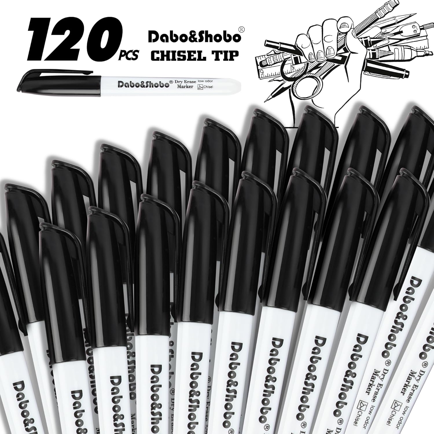 Dabo&Shobo Dry Erase Markers Bulk, 120 Count Black Whiteboard Markers, Low Odor Dry Erase Markers, Chisel Tip, Suitable for School, Office, or Home