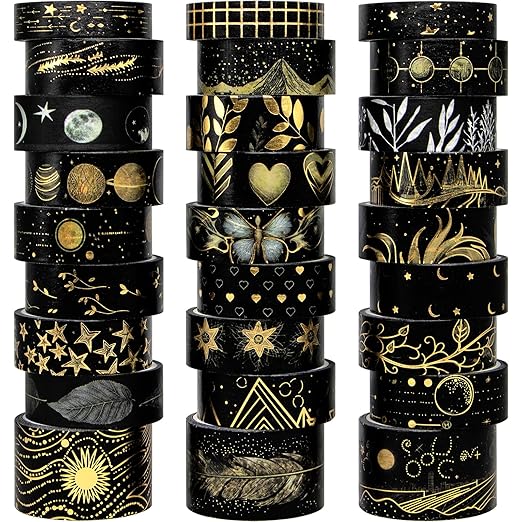 Black Washi Tape Set, 27 Rolls Black Gold Foil Decorative Masking Tape for Bullet Journaling, Scrapbooking Supplies, Watercolor Painting