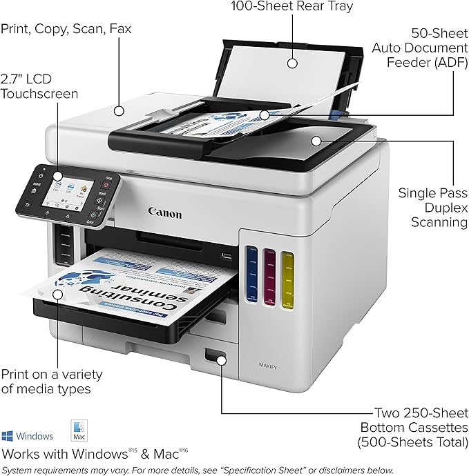 Canon MAXIFY GX7020, Wireless MegaTank All-in-One Supertank Printer, [Print, Copy, Scan, Fax ], White